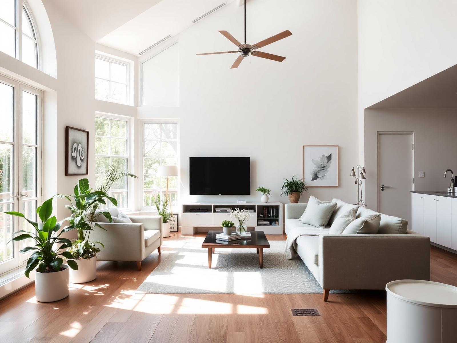 Sunlit, spotlessly clean modern British living room